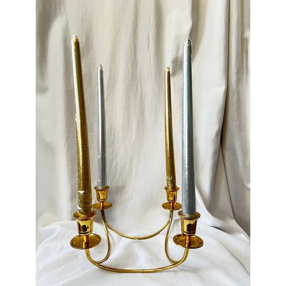 Vintage minimalist  brass 4 candle quartet candle holder dining table home decor - Picture 5 of 11